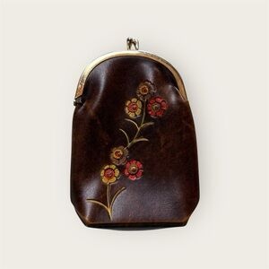 Vintage Floral tooled Brown Leather coin purse marked Germany